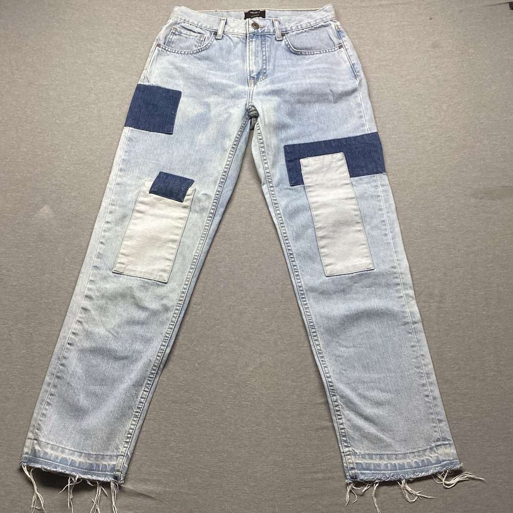 Forever 21 Straight Denim Jeans Size 29 Blue Patch Denim Raw Hem Distressed